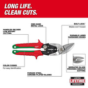 Milwaukee Electric 2 Piece Offset Aviation Snip Set, Forged Alloy Steel Blades, Chrome/Red Handles, 10 in, Left and Right Offset, 48-22-4553