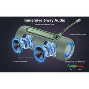 Fisher Portable Bluetooth Speaker, Studio Pro Boombox, 14W Peak Power, IPX5 Waterproof, 8H Playtime, RGB LED Lights, TWS, Bluetooth 5.3, Built-in Mic, Green, SBT650GRN-Green