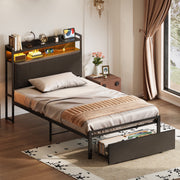 Casacomoda Twin Bookcase Bed Frame with Upholstered Storage Headboard, LED Lighting, Built-In Charging Station, Heavy Duty Metal and Wood Platform, Black