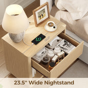 IDEALSOUL Nightstand Set of 2, 24in Fluted Wooden Bedside Tables with Charging Station, Drawer and Open Storage, Natural Oak