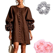 Floral Button-Down Mini Dress with 3D Floral Cuffs, Brown