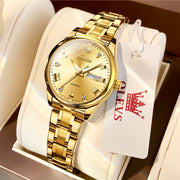 OLEVS OLS5563 Gold Wristwatch for Women, Luxury Diamond Quartz Analog, Stainless Steel Luminous Dress Watch with Date