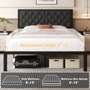 Lifezone Queen Bed Frame with Tufted Linen Upholstered Headboard, Metal Support, No Box Spring Needed, Grey