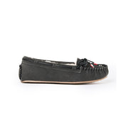 Minnetonka Cally Thunderbird Animikii Women's Slippers, Genuine Suede Upper, Plush Pile Lining, Rawhide Lace, Rubber Outsole, Charcoal, Size 6 M