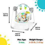 Bright Starts Baby Swing, Rainforest Vibes, Portable Foldable Design, 6 Speeds with WhisperQuiet Technology, Removable Toy Bar, Newborn to 9 Months, 12426