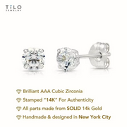 Tilo Jewelry 3 Pair set CZ Stud Earrings 14K White Gold Solitaire Round Cubic Zirconia Stud Earrings Set, 3mm 4mm 5mm, Secure Push-Backs, Unisex