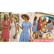 UVN Summer Dress for Women, A-Line Midi, V-Neck Wrap, Ruffle Short Sleeve, Boho Floral Print, Yellow