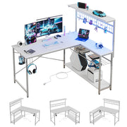 Bestier 51 L Shaped Gaming Desk with Power Outlets, LED Workstation with 4 Tiers Shelves, Carbon Fiber White
