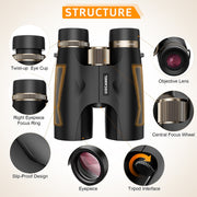 BNISE HD 10x42 Binoculars with SMC Optical System, 10x Magnification, 42mm Lens, BAK-4 Roof Prisms, Vintage Metallic Focus Wheel, Black, Y145930
