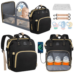 GPED Diaper Bag Backpack Multifunctional Baby Changing Station with Foldable Crib, Insulated Milk Bottle Pockets, USB Charging Port, Large Capacity, Black