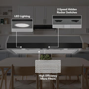 Broan-NuTone Glacier 42-Inch Under Cabinet Range Hood, Convertible Venting, 350 Max Blower CFM, Energy Star Certified, LED Lighting, Black, GLA1423BL