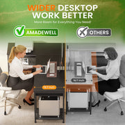 Amadwell 55 Inch L Shaped Computer Desk with Built-In Power Outlets, USB and Type-C Ports, 3 Fabric Drawers, Mesh Shelves, Black