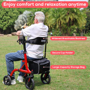 Cosywill Rollator Walker with Seat, Foldable, 10-Inch EVA Wheels, Adjustable Height, Removable Back Support, 300 lb Capacity, Red