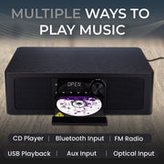 ClearClick Stereo Shelf System, 7-in-1 Audio with CD Player, Bluetooth, FM Radio, USB Playback, Aux and Optical Inputs, Alarm Clock, Remote Control, Black