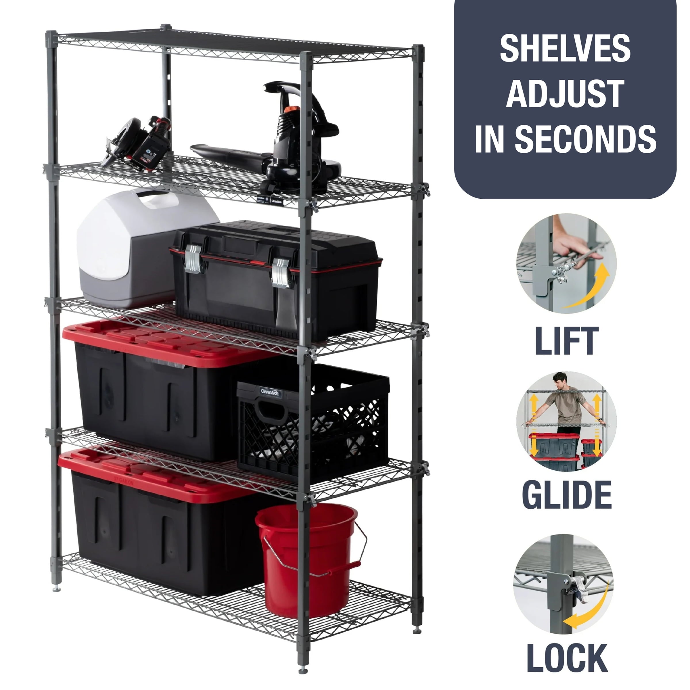 CleverMade QASS-4818G-5651 5-Tier EASE Storage Shelving Unit, Easy Adj ...