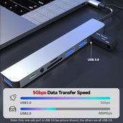 Duomigo 8-in-1 USB-C Hub Splitter with 4 USB 3.0 Ports, USB-C Jack, TF/SD Card Reader, 3.5mm Audio Output, Aluminum Design, YYT007