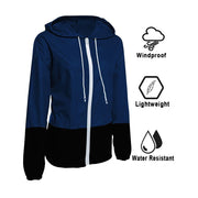 Rosvigor Womens Waterproof Raincoat, Lightweight Colorblock Windbreaker Jacket, Hooded with Pockets, Mid-Length, Relaxed Fit, Blue