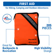 First Aid Only Outdoor First Aid Kit, 205 Pieces, Compact Hi-Visibility Orange Fabric Case, Multi-Use Bandages and Antiseptics, FAO-440