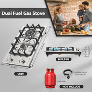 VBGK 2 Burner Gas Cooktop, Dual Fuel Propane and Natural Gas, 12-Inch Stainless Steel with Thermocouple Safety, Cast Iron Grates, Auto Electric Ignition