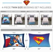 Franco Manufacturing Co., Superman Kids Twin Bedding Set, Reversible Comforter, 4-Piece, Polyester Microfiber, Blue