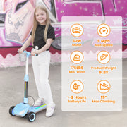 SIMATE Kids Electric Scooter with 3 Adjustable Handlebar Heights, LED Light-Up Wheels, LCD Screen, Thumb Accelerator, 5 mph Speed, Blue, D3