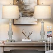 Cinkeda Table Lamps Set of 2, 3-Way Dimmable Touch Control, Beige Linen Shade, Resin Farmhouse Rattan Base with USB A+C Ports and AC Outlet