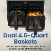 Chefman TurboFry 9-Quart Dual Basket Air Fryer, 4 Cooking Functions, 450F Max Temp, Black, RJ38-45DB