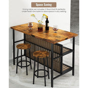 Mooseng 3-Piece Kitchen Island Set with Storage, Wooden Bar Table and 2 Walnut Stools, Industrial Modern Counter Height Dining Set