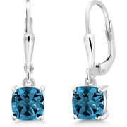 Gem Stone King 2.20 Cttw London Blue Topaz Dangle Earrings, 925 Sterling Silver, 6MM Cushion Cut, Elegant November Birthstone Jewelry for Women