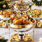 CATGOOD 4 Pack Chafing Dish Buffet Set, 6QT Stainless Steel Food Warmers with Tempered Glass Lids and Gold-Plated Stands, Round Buffet Servers for Parties and Catering, 25-4PK
