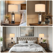 JUJUYUYOP Rustic Farmhouse Table Lamp Set of 2, 25 Inch Black Metal Base, Linen Shade, Dual USB Charging Ports, Night Light Function, LED Bulbs Included, JU-8986