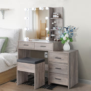 Ktaxon Vanity Set, Makeup Table with Sliding Mirror, Adjustable 3-Color LED Lighting, Built-In Power Strip with USB Ports, 6 Drawers, 2 Shelves, Padded Stool, Retro Gray