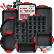 Kikcoin Bakeware Set, 33-Piece Nonstick Carbon Steel Pans with Insulated Silicone Handles, Gray, 05GY9