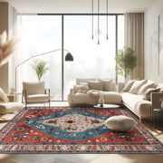 CAMILSON Printed Oriental Retro Vintage Distressed Indoor Area Rug, Red, 8x10, Non-Shedding, Ultra Thin, Stain Resistant, Chenille and Cotton RAIN4001-RED-8x10