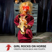 FRASHP Haunted Hill Farm 3.2 Ft Rocking Horse Girl Animatronic with Voice and Sound Activation, Glowing Eyes, Indoor and Covered Outdoor Halloween Decoration