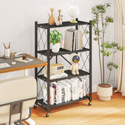 Furnibear 4-Tier Folding Storage Shelves with Wheels, Foldable Metal Rack, Rust-Resistant Black, 600 lbs Capacity