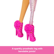 Mattel Barbie Deluxe Style Doll, Black Hair, Glittery Pink Prosthetic Leg, Pink Barbiecore Top and Skirt Set, Accessories, HYV26