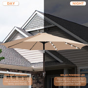 FUNDAZE 9ft Solar Patio Umbrella with 32 LED Lights, Tilt and Crank, 8 Iron Ribs, UV Resistant Polyester Canopy, Beige