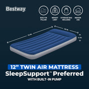Bestway SleepSupport Twin Air Mattress 12 in, Built-in AC Pump, Durable PVC, Portable with Storage Bag