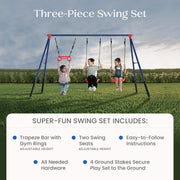Delta Children FunZone Outdoor Metal 3-Piece Swing Set, 2 Adjustable Swings and Trapeze Bar with Gym Rings, Blue/Red