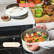 Made By Gather 29489 Beautiful 12-Piece Ceramic Nonstick Cookware Set with Strainer Lids, Gold Finish Handles, White Icing