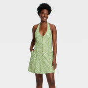 Universal Thread Women's Floral Mini Sundress, Rayon-Linen Blend, Halter Neckline, Side Pockets, Green, L