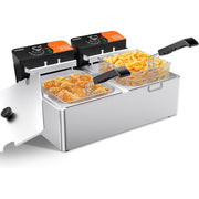Tangme Commercial Electric Deep Fryer, 3400W Dual Heating, 20.7QT Capacity, Stainless Steel, Dual 6.35QT Baskets, Temperature Control s82