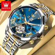 OLEVS 6619 Men's Luxury Dress Automatic Mechanical Watch, Blue Dial with Diamond Accents, Skeleton Tourbillon, Stainless Steel Band