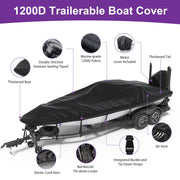 Agricasst 1200D Trailerable Boat Cover, Heavy-Duty Waterproof PU Material, Includes Motor Cover and 15 Adjustable Straps, Fits 18-20FT Boats, Black