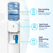 Primo Water Top Loading Classic 2 Temp Water Dispenser, White with Stainless Steel Accents, 5 Gal Capacity, Child Safety Lock