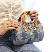 JOZZYAPA Mini Denim Purse Quilted Checkered Light Blue Canvas Tote Crossbody Handbag with PU Leather Handle, 8.6x5.5x4 in, Jozzyapa-jb