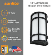 Sunlite 12-Inch LED Outdoor Mission Style Wall Sconce, Half Cylinder, Selectable 3 CCT 3000K-5000K, 15W, 800 Lumens, Black Frame, Non-Dimmable