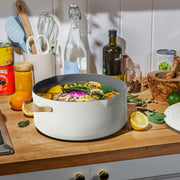 Made By Gather Beautiful 8 Quart Ceramic Non-Stick Stock Pot with Strainer Lid, White Icing