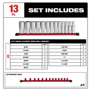 Milwaukee 13PC 1/2 in Drive 12-Point Deep Well SAE Socket Set, Chrome Red, Storage Rail Included, 48-22-9424